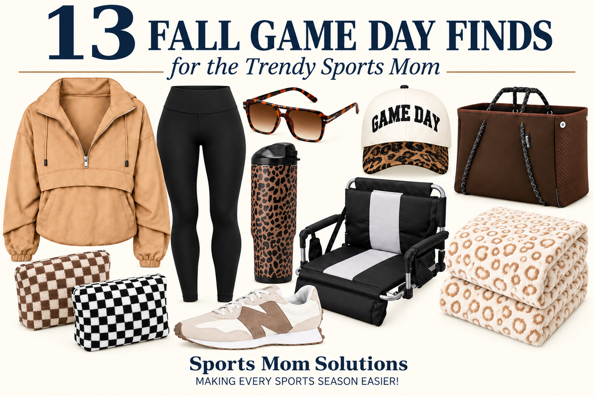 Fall game day finds for sports moms featuring a tan pullover, black leggings, sneakers, game day hat, sunglasses, brown tote, leopard tumbler, stadium seat, checked pouches, and blanket.