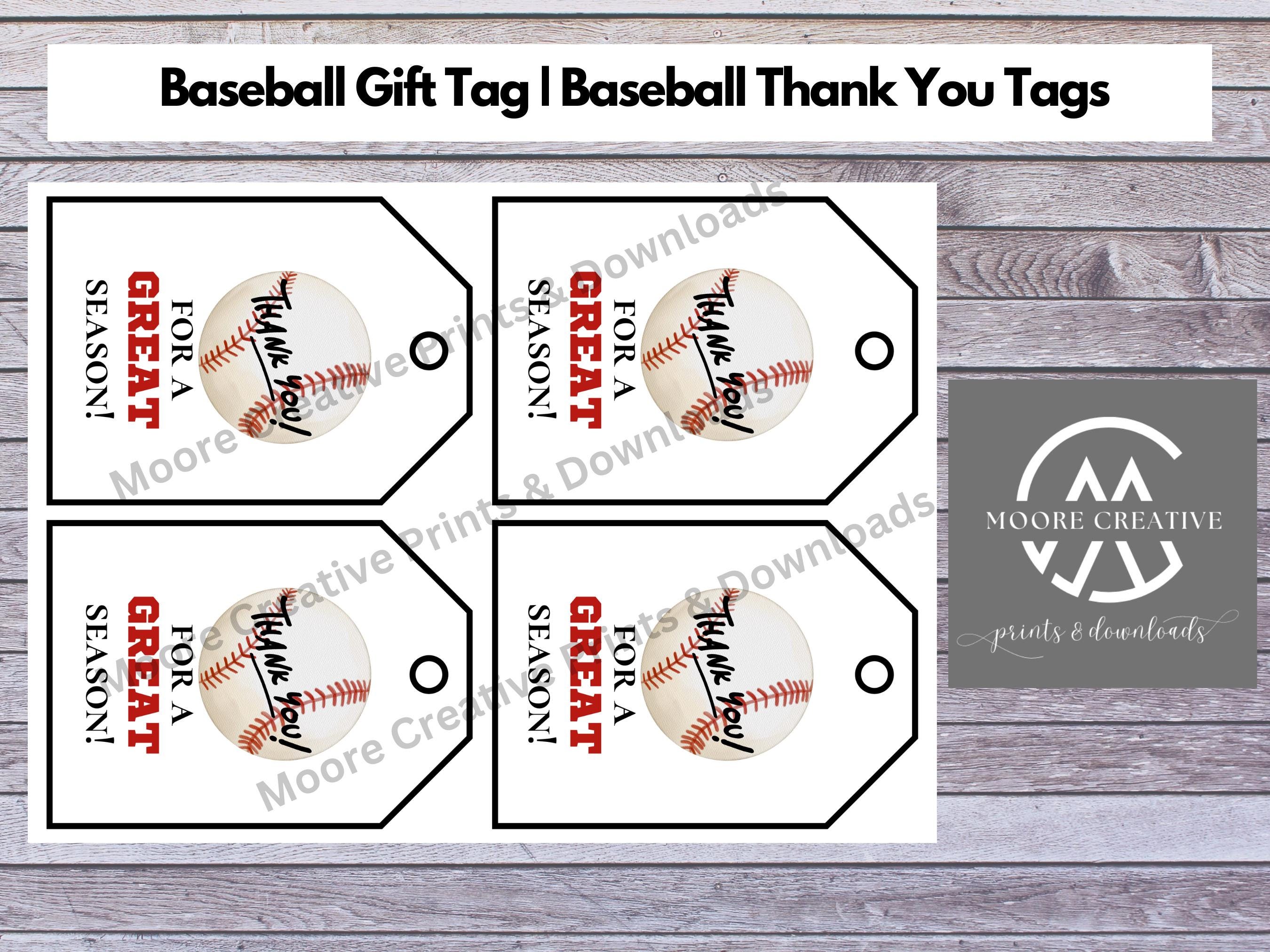 Baseball-themed gift tags with text on a wooden background