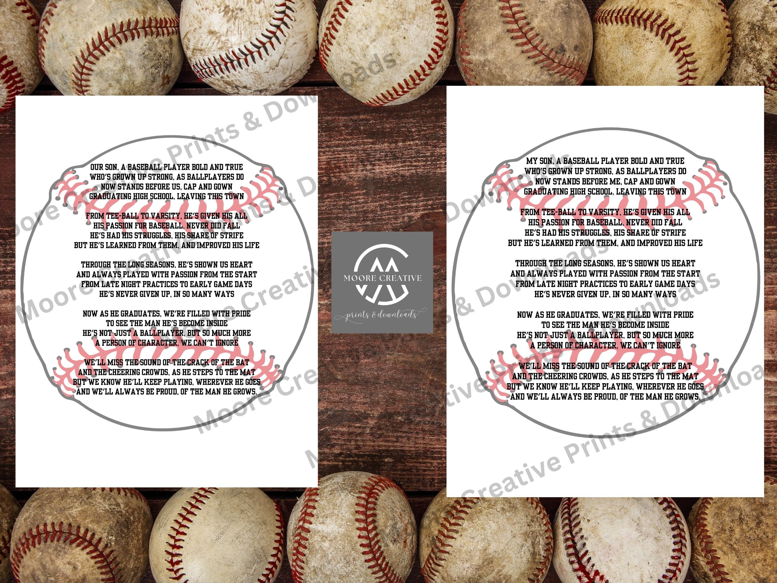 Baseballs with printed text on a wooden background