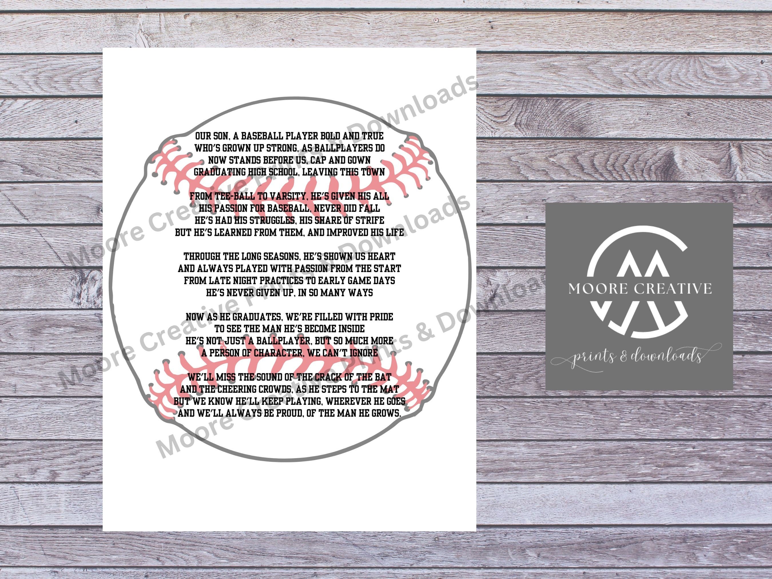 Printed text on a circular design with 'Moore Creative' branding on a wooden surface.
