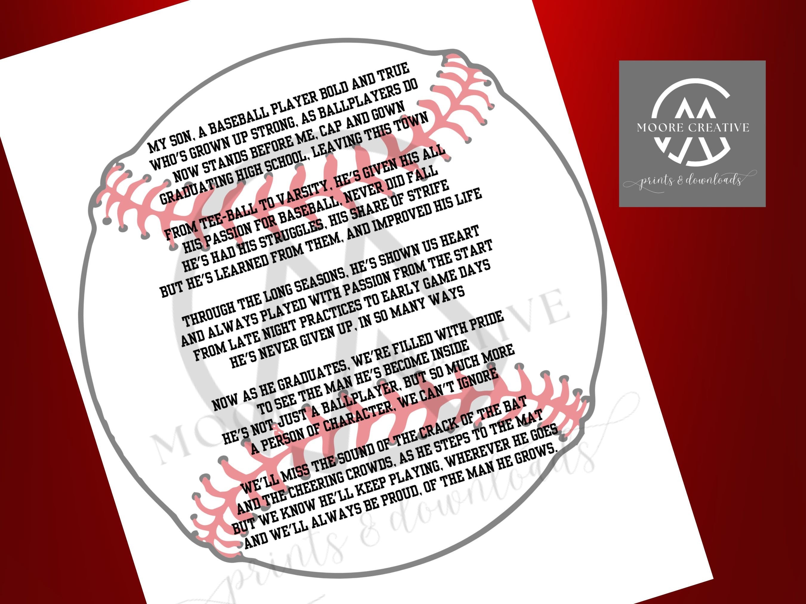 Baseball-shaped cutout with engraved text on a red background, featuring the Minne Creative logo.