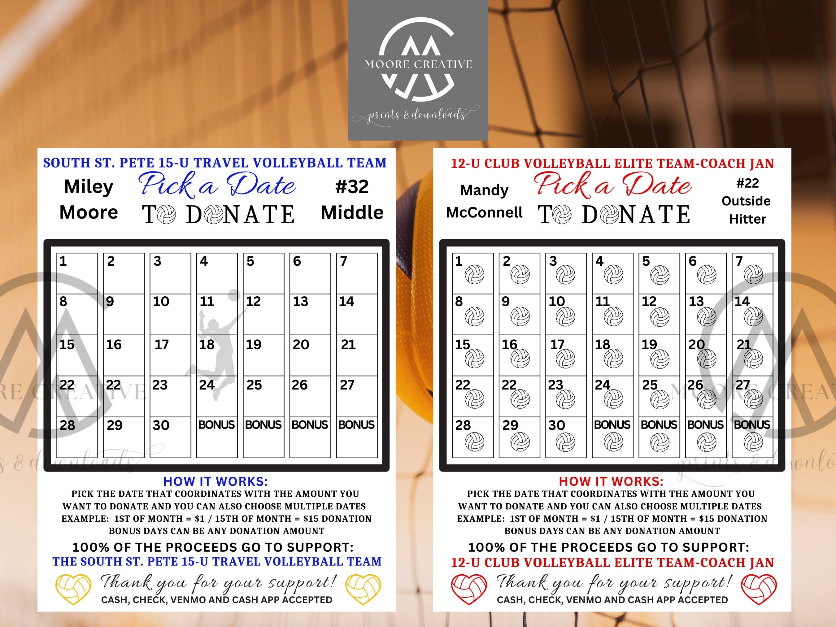 Printable Volleyball Pick a Date to Donate Printable, Volleyball Fundraiser Team Sports Volleyball Player Calendar, Template Sports calendar