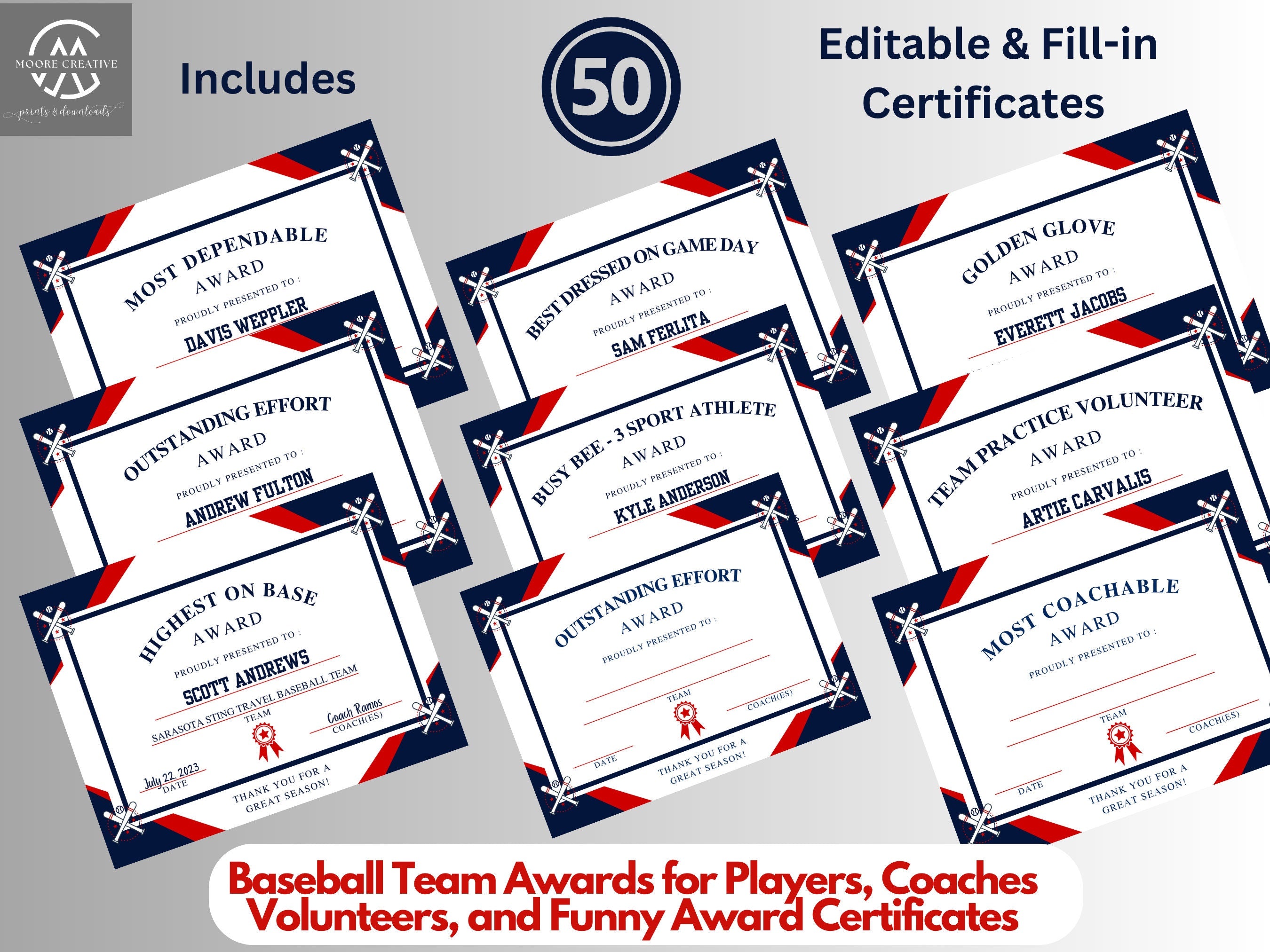 Baseball Team Awards, Editable Baseball Award Certificates, Award Ceremony Certificates, Printable Baseball awards, T-Ball Award, 50, FIFTY