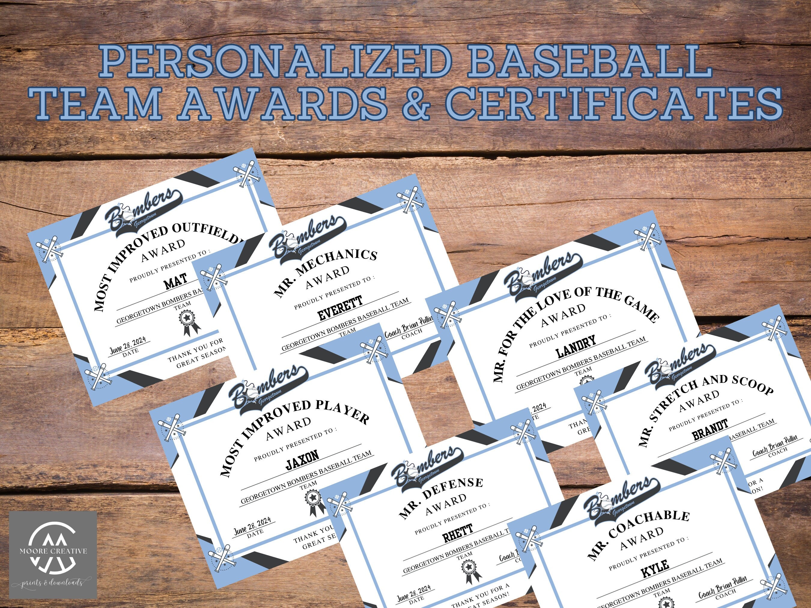 Personalized Baseball Award Certificates, Baseball Team Awards, Baseball End of the Season Awards, Baseball Team Party, T-Ball Awards, 15