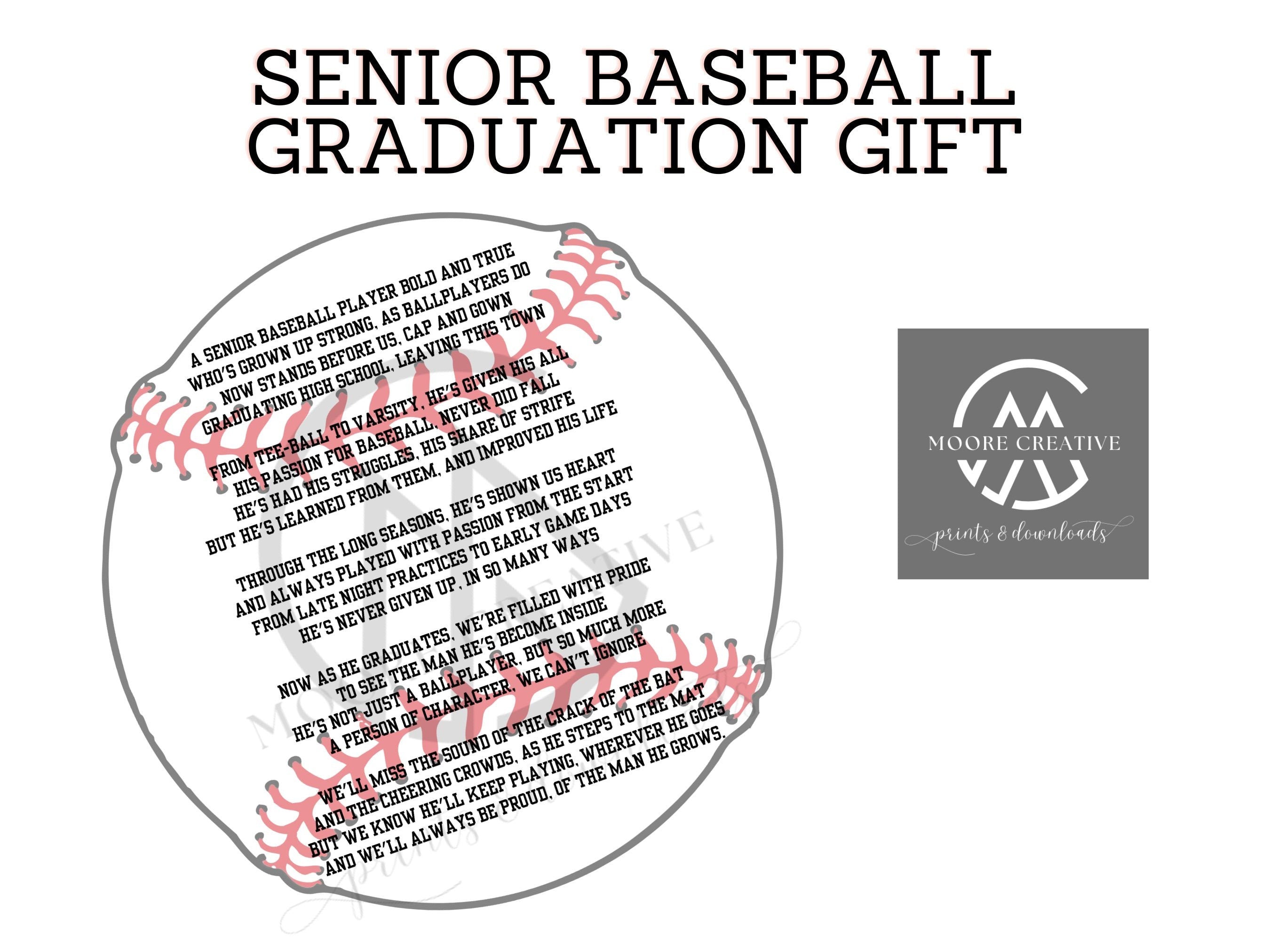 Personalized baseball with engraved text for a senior baseball graduation gift, featuring the Moore Creative logo.