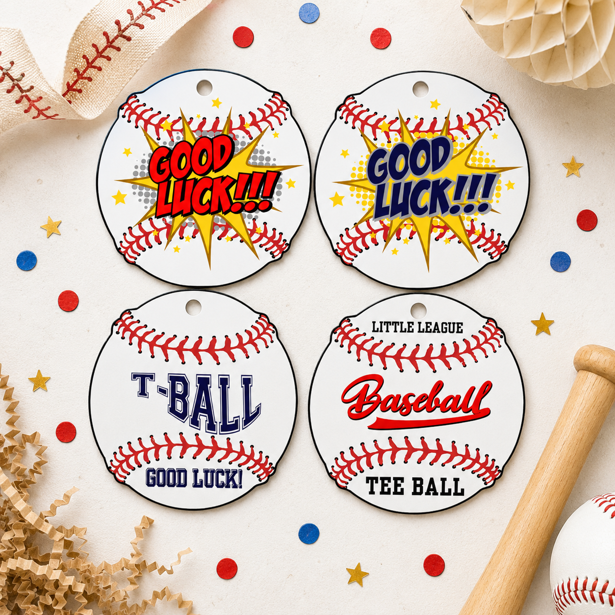 Four round 'Good Luck' baseball-themed tags with decorative elements on a light background.