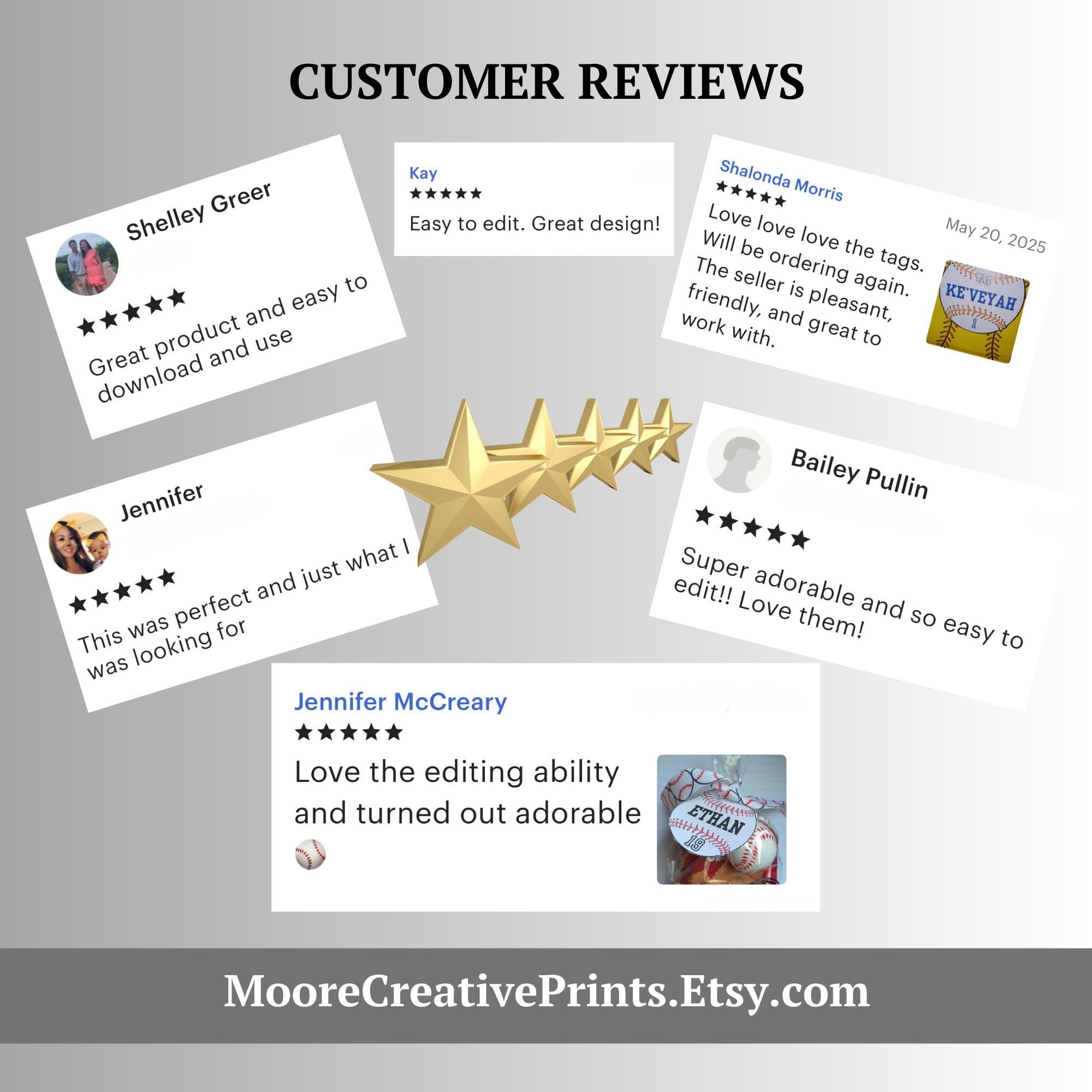 Collection of customer reviews for Moore Creative Prints on a gray background with a gold star.