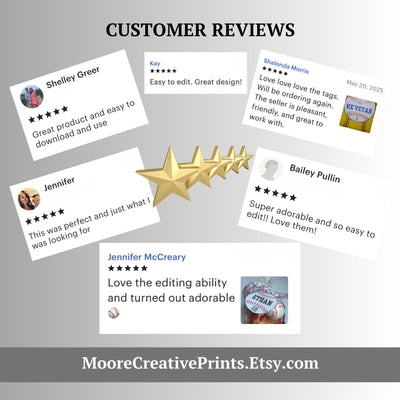 Collection of customer reviews for Moore Creative Prints on a gray background with a gold star.