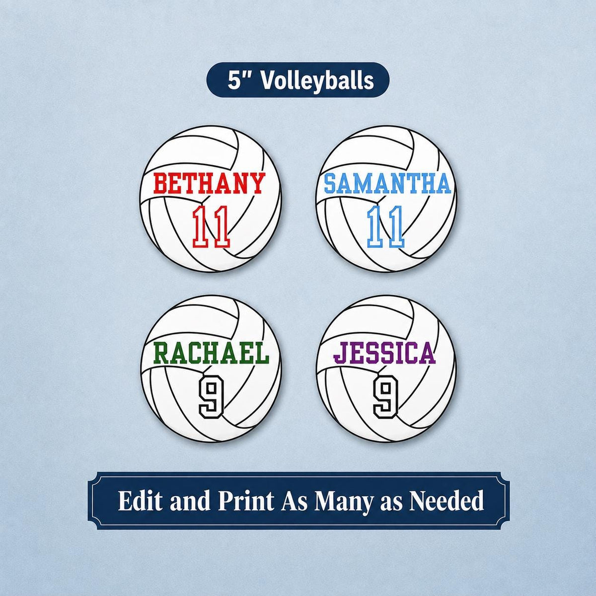 5" Volleyballs Editable Names and Player Numbers DIY Template Printable