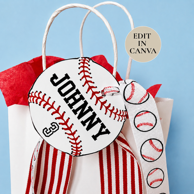 Baseball-themed gift tag with 'JOHNNY' on a red and white striped bag against a blue background.