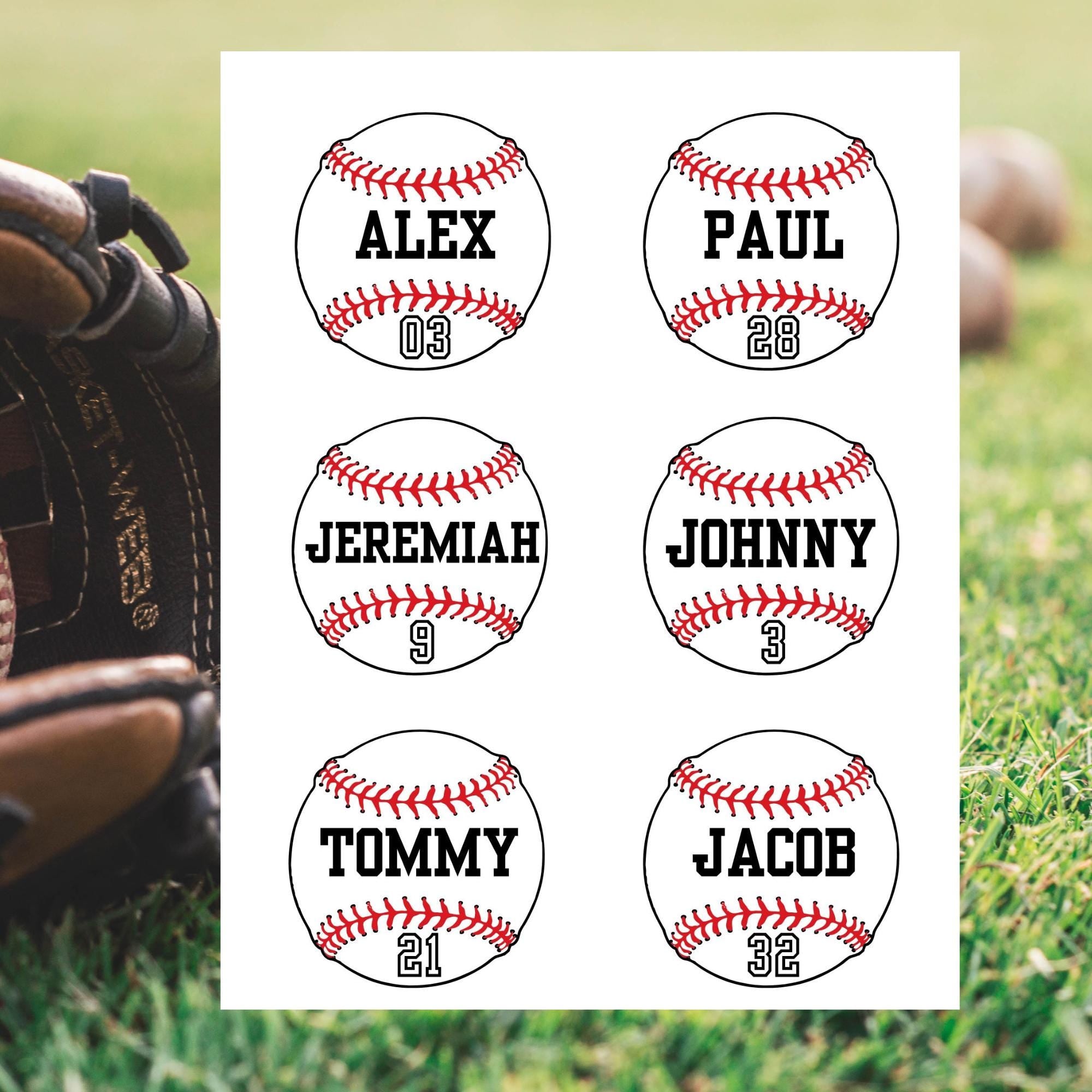 Six baseball labels with names and numbers on a grass background