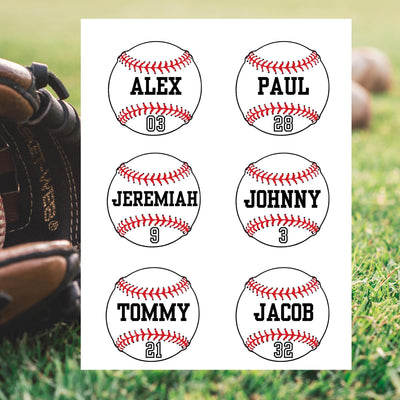 Six baseball labels with names and numbers on a grass background
