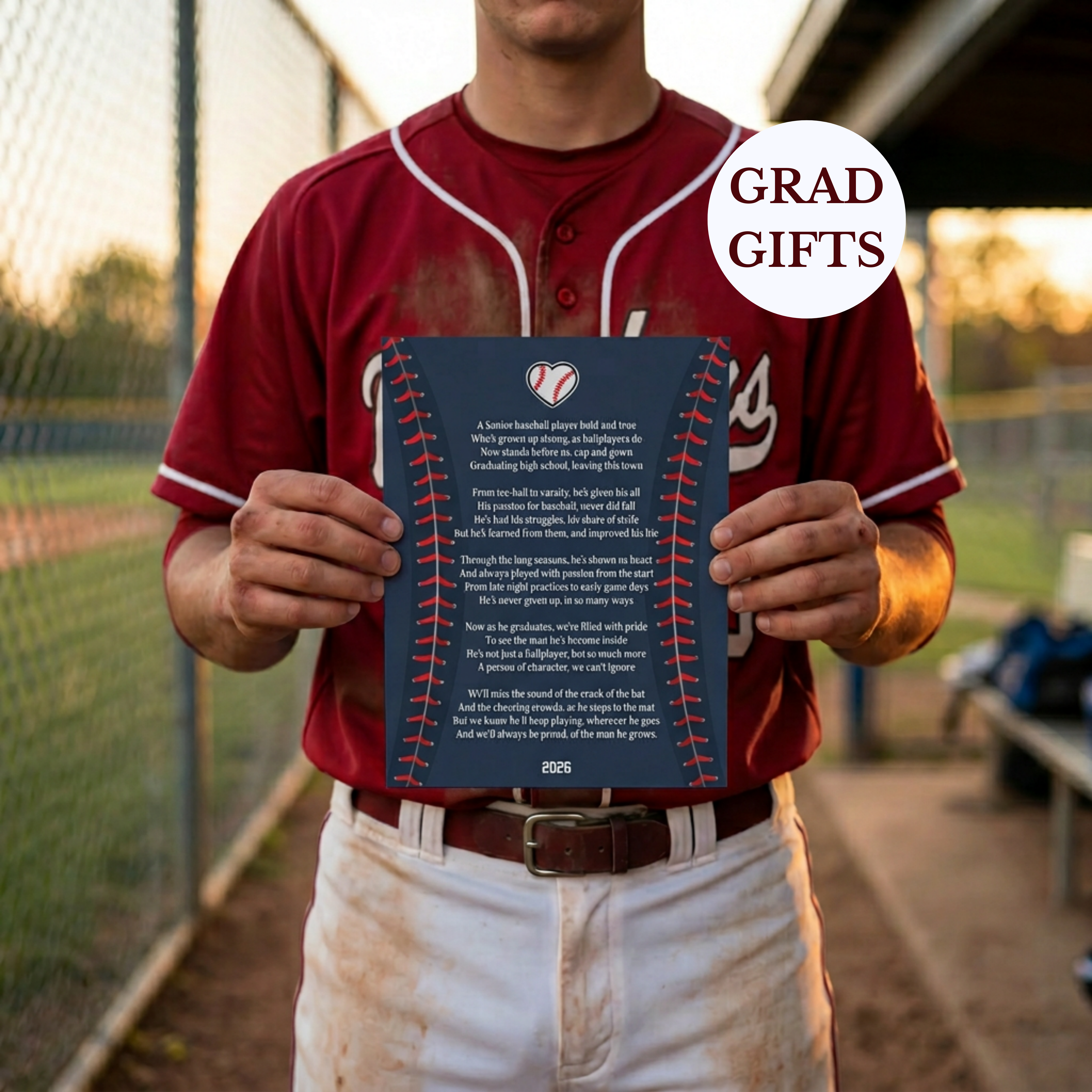 Person in a baseball uniform holding a graduation gift on a baseball field