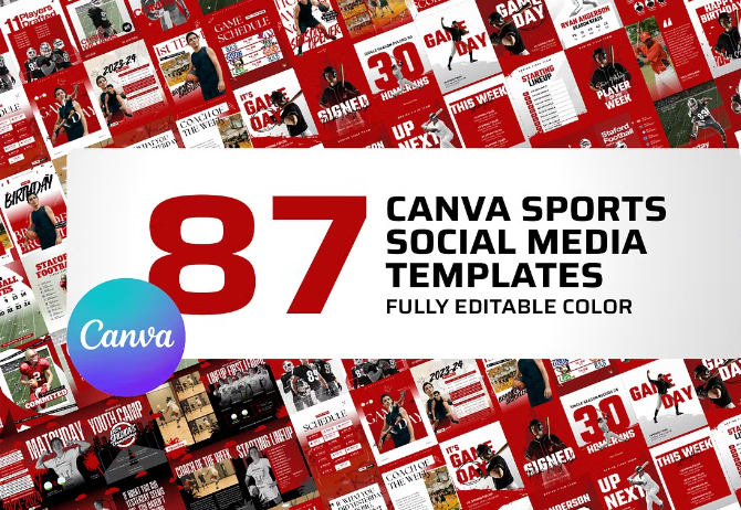 Sports Social Media Graphics Canva, Editable Canva Sports Graphic, Cava Sports Graphics, Game Day, Score, Committed, Instagram, Schedule