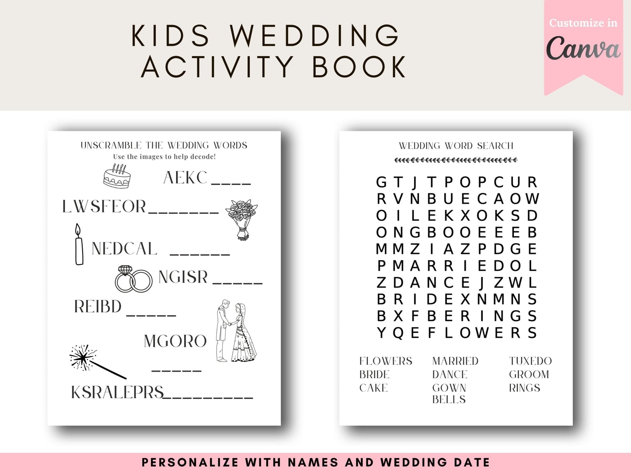 Wedding activity kit, Kids wedding book, Table activity ideas