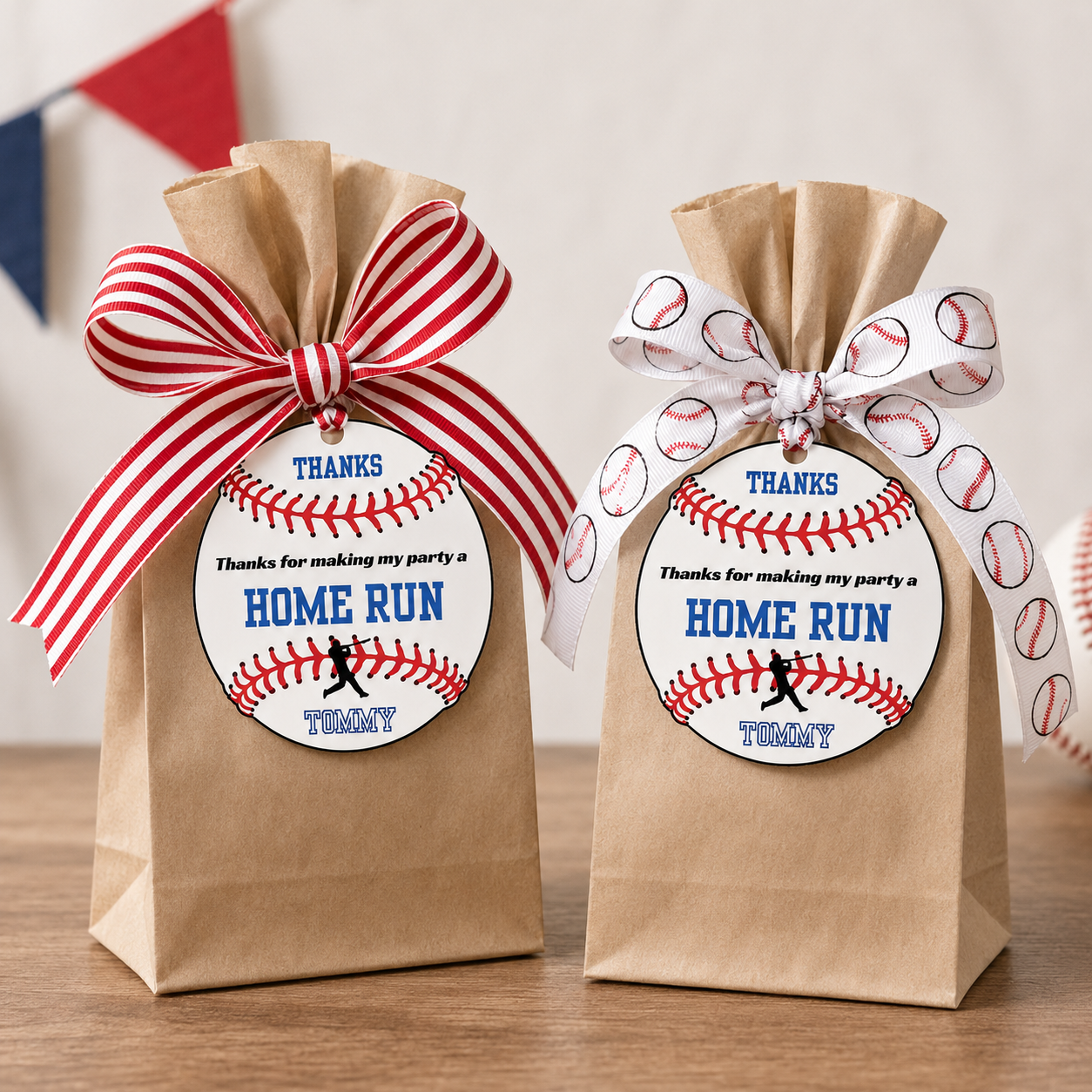 Two brown paper bags with baseball-themed ribbons and 'HOME RUN' labels on a wooden surface.