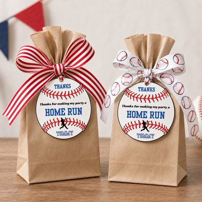 Two brown paper bags with baseball-themed ribbons and 'HOME RUN' labels on a wooden surface.