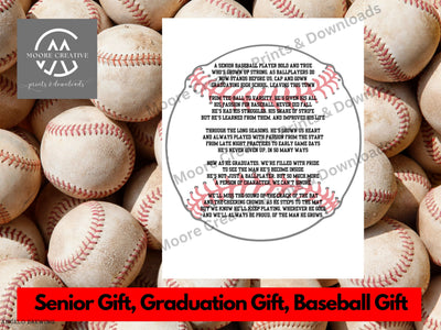 Baseballs with a printed poem surrounded by text indicating it is a senior, graduation, or baseball gift.