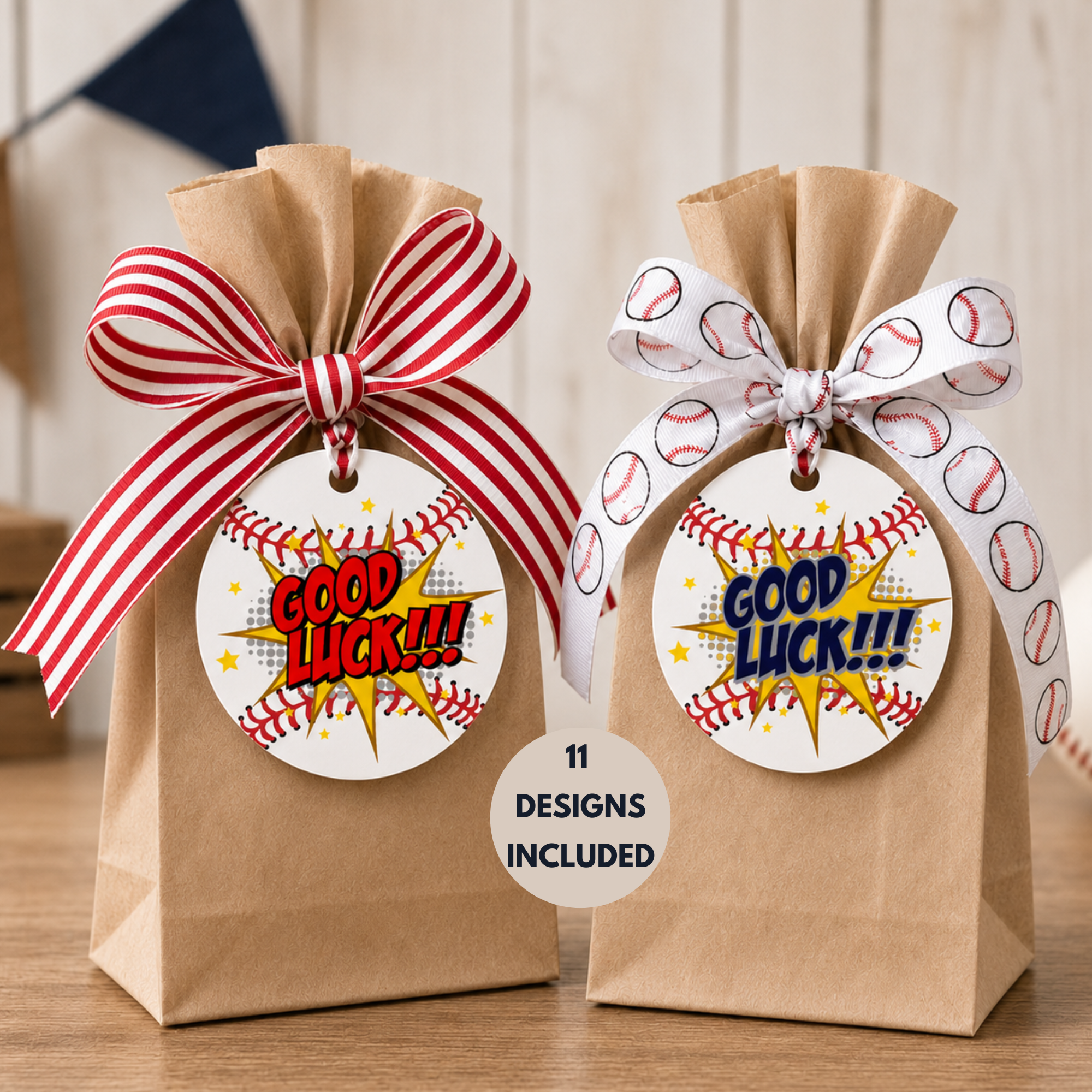 Two brown paper bags with decorative ribbons and 'Good Luck!!!' tags on a wooden surface.