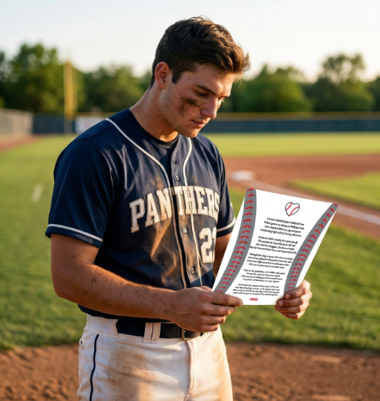 Baseball player reading a letter on a baseball field