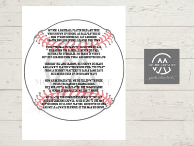 Poem about a son becoming a baseball player with a logo in the corner on a wooden background