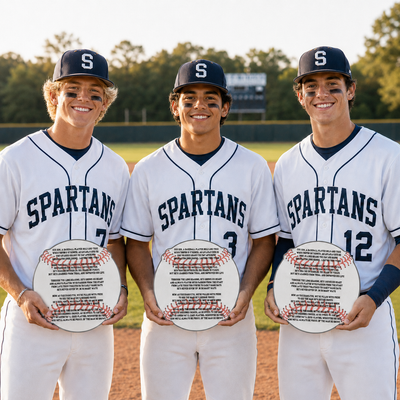 Three baseball players in Spartans uniforms holding commemorative poems on a baseball field.