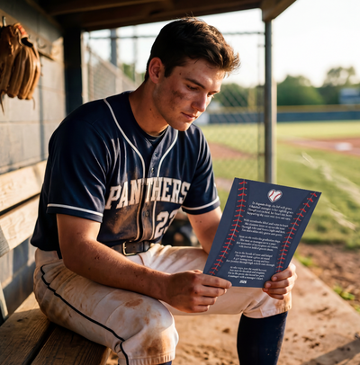 Baseball player in Panthers uniform reading a letter in the dugout.