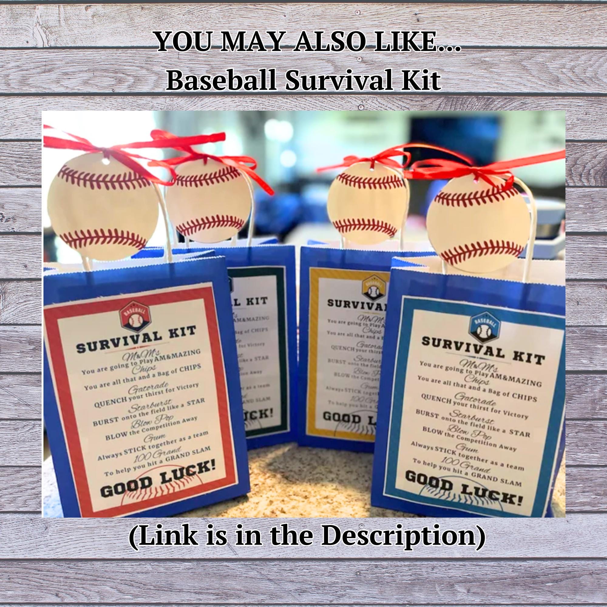 Baseball survival kit with baseballs and ribbons on a wooden surface