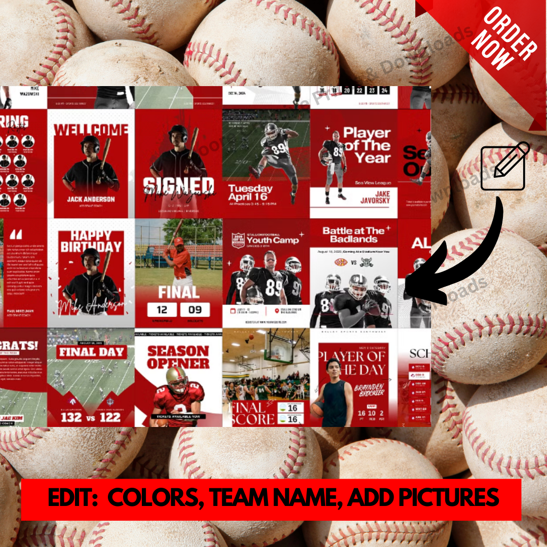 instagram posts for game day, football game schedule template, softball game schedule, softball social media template