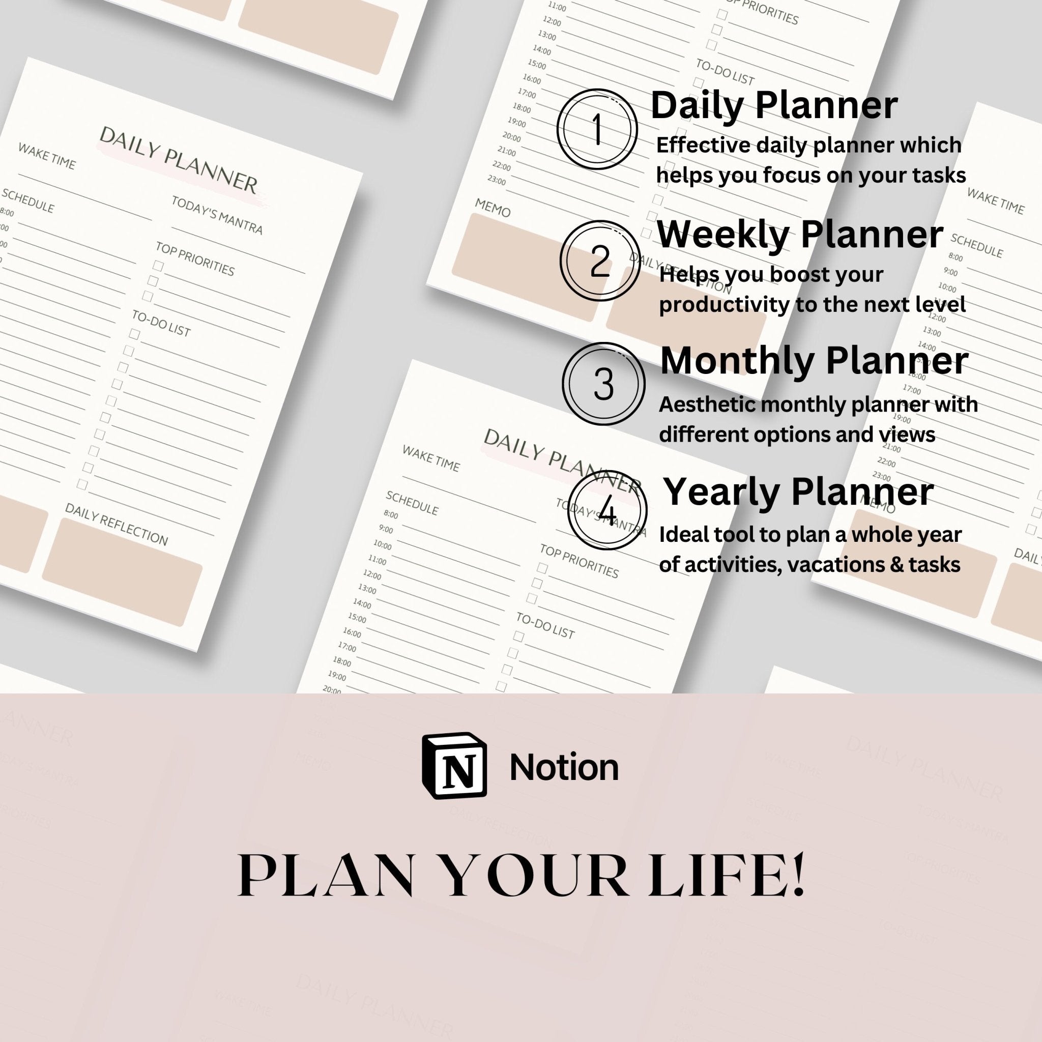 daily planner weekly planner monthly planner yearly planner notion