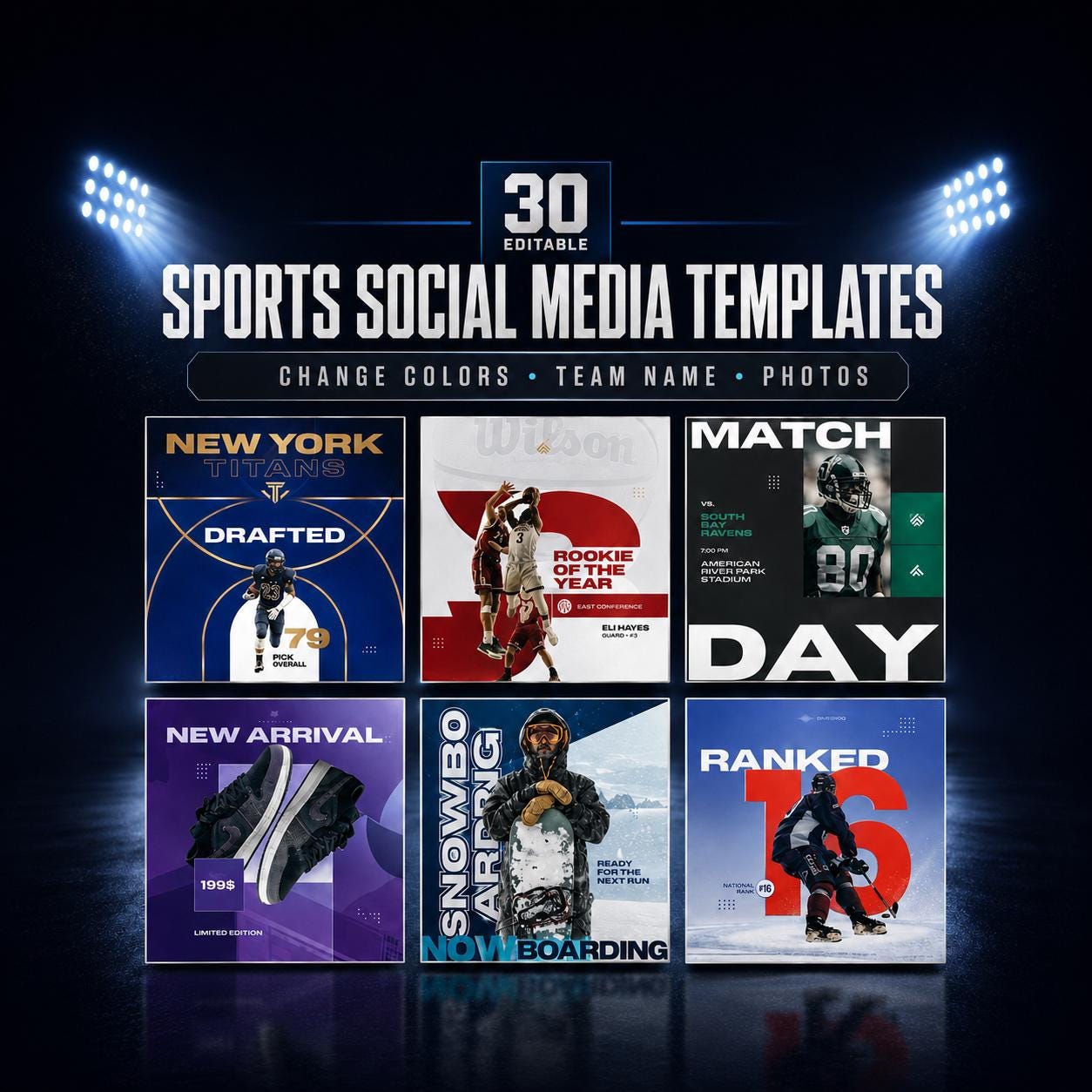 Football Social Media Canva Templates 30 Editable Game Day Graphics Sports Team Instagram Posts Schedule Score Player Stats DIY Bundle