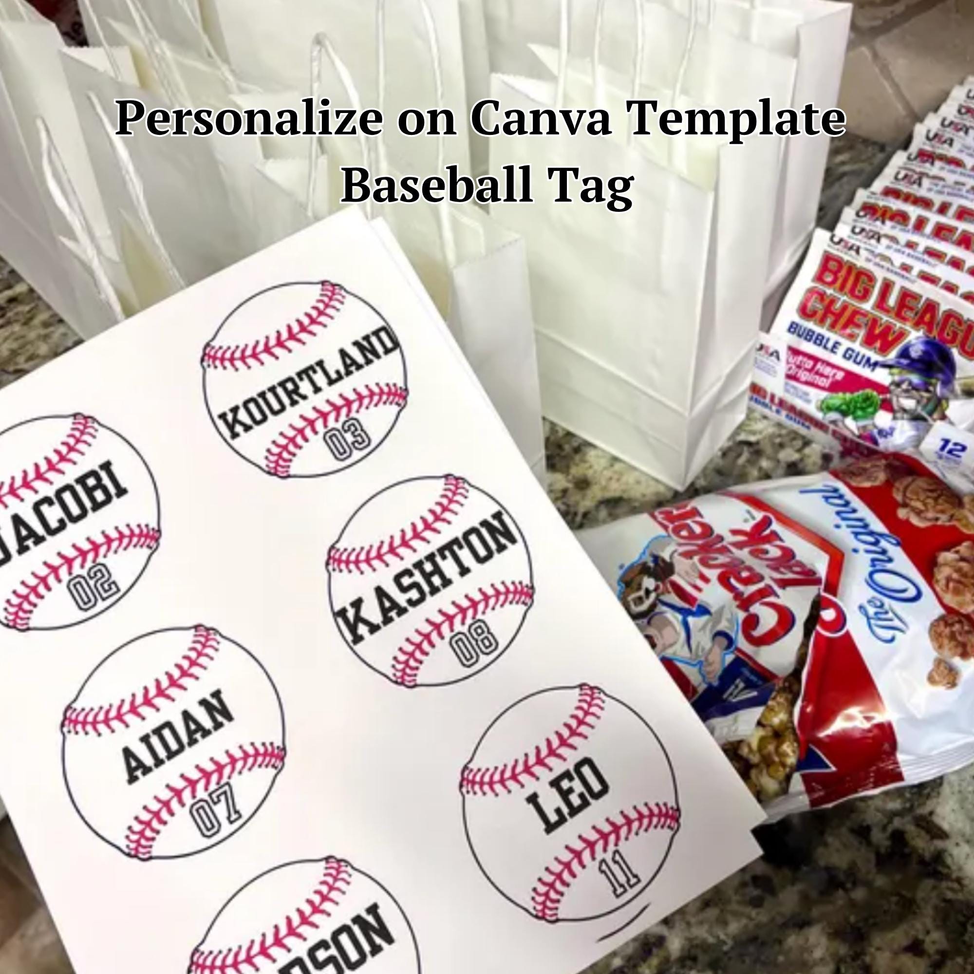 Baseball-themed personalized tags on a sheet with a snack bag in the background.