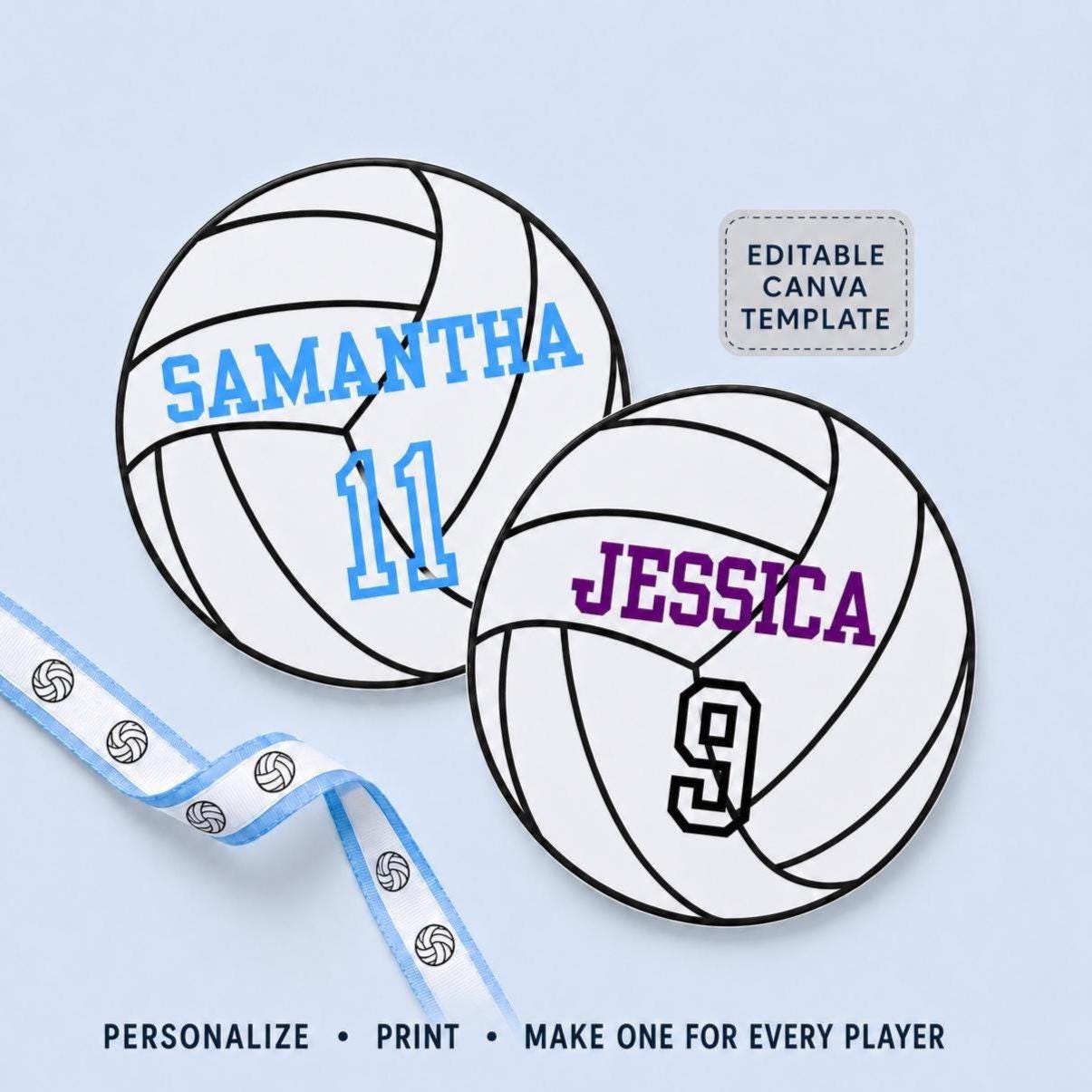 5" Volleyballs Editable Names and Player Numbers DIY Template Printable