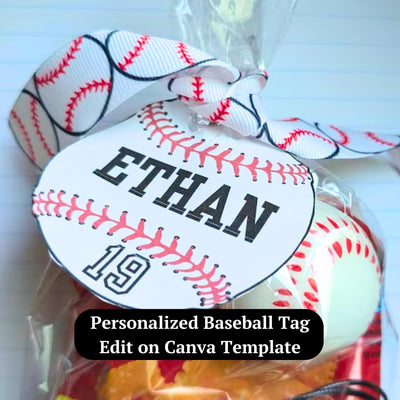 Personalized baseball tag with name 'Ethan' and number '19' on a baseball-themed background.