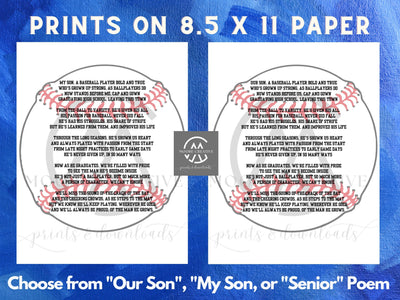 Two baseball-themed poems printed on 8.5 x 11 paper with a blue border.