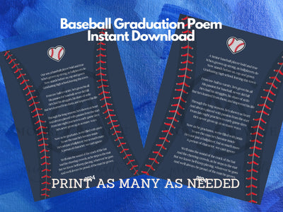 Baseball themed graduation poem with red stitching on a blue background