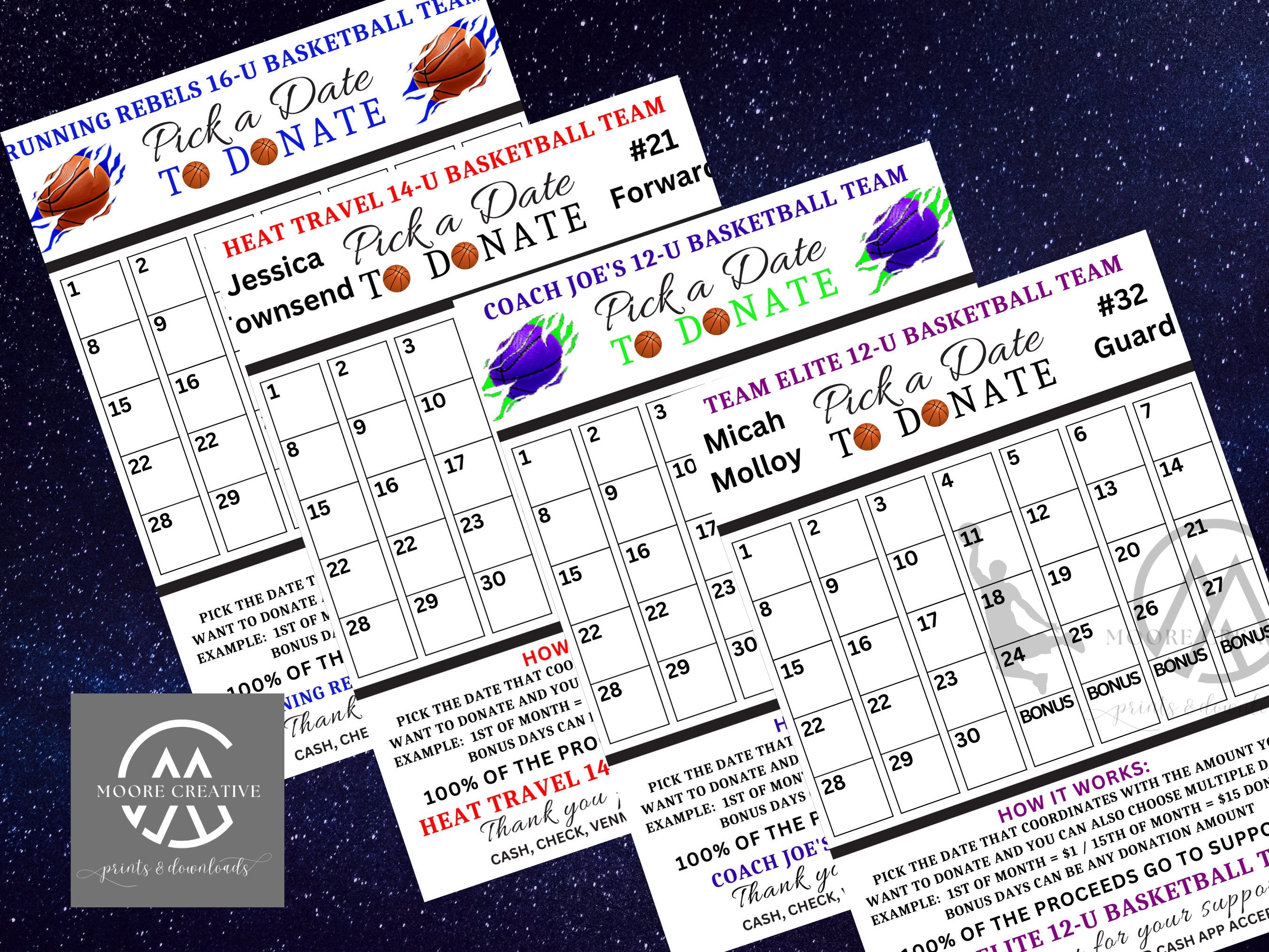EDITABLE Basketball Pick a Date to Donate Printable, Basketball Fundraiser Team Sports Basketball Player Calendar Printable Canva Templates