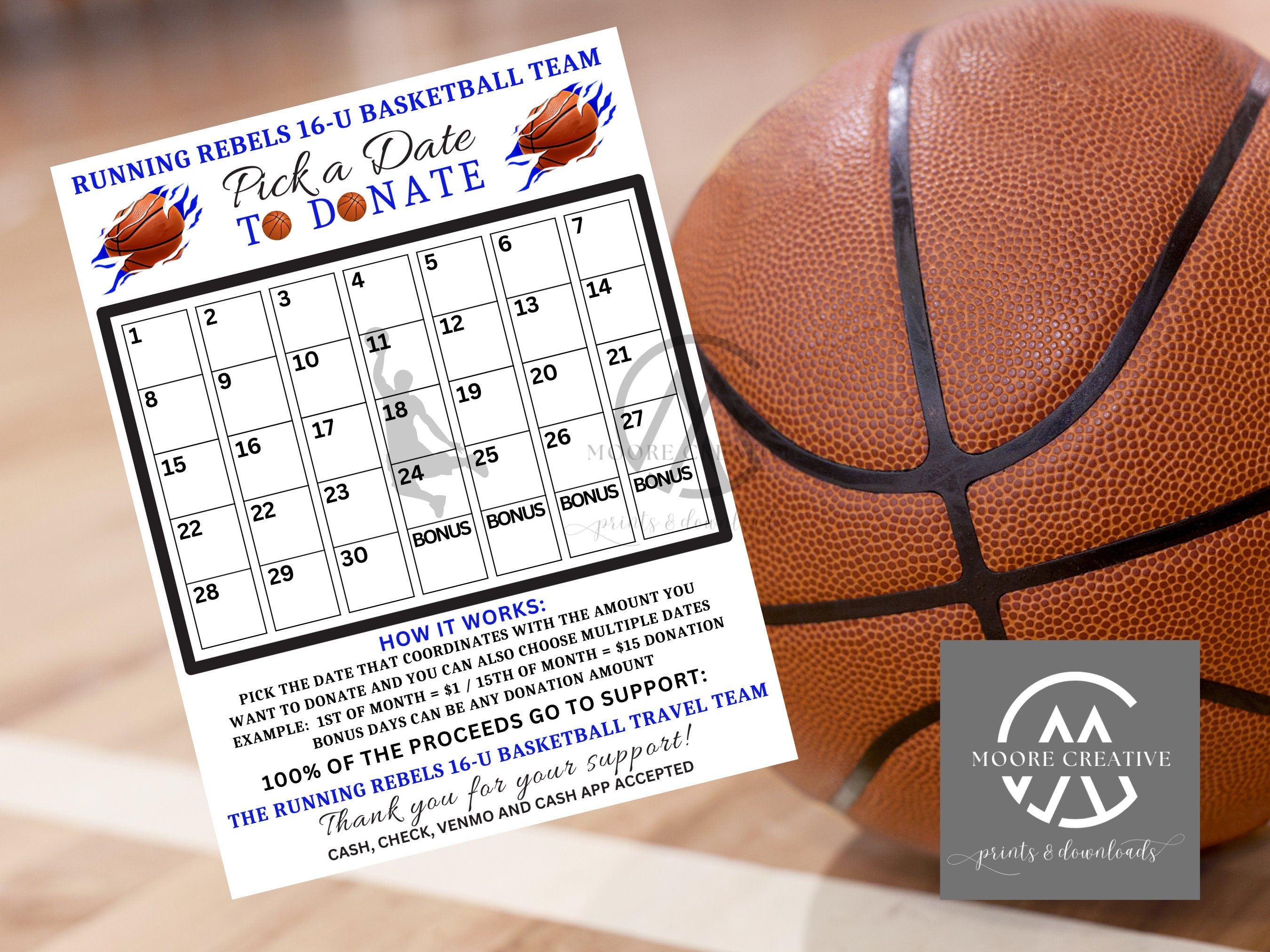EDITABLE Basketball Pick a Date to Donate Printable, Basketball Fundraiser Team Sports Basketball Player Calendar Printable Canva Templates