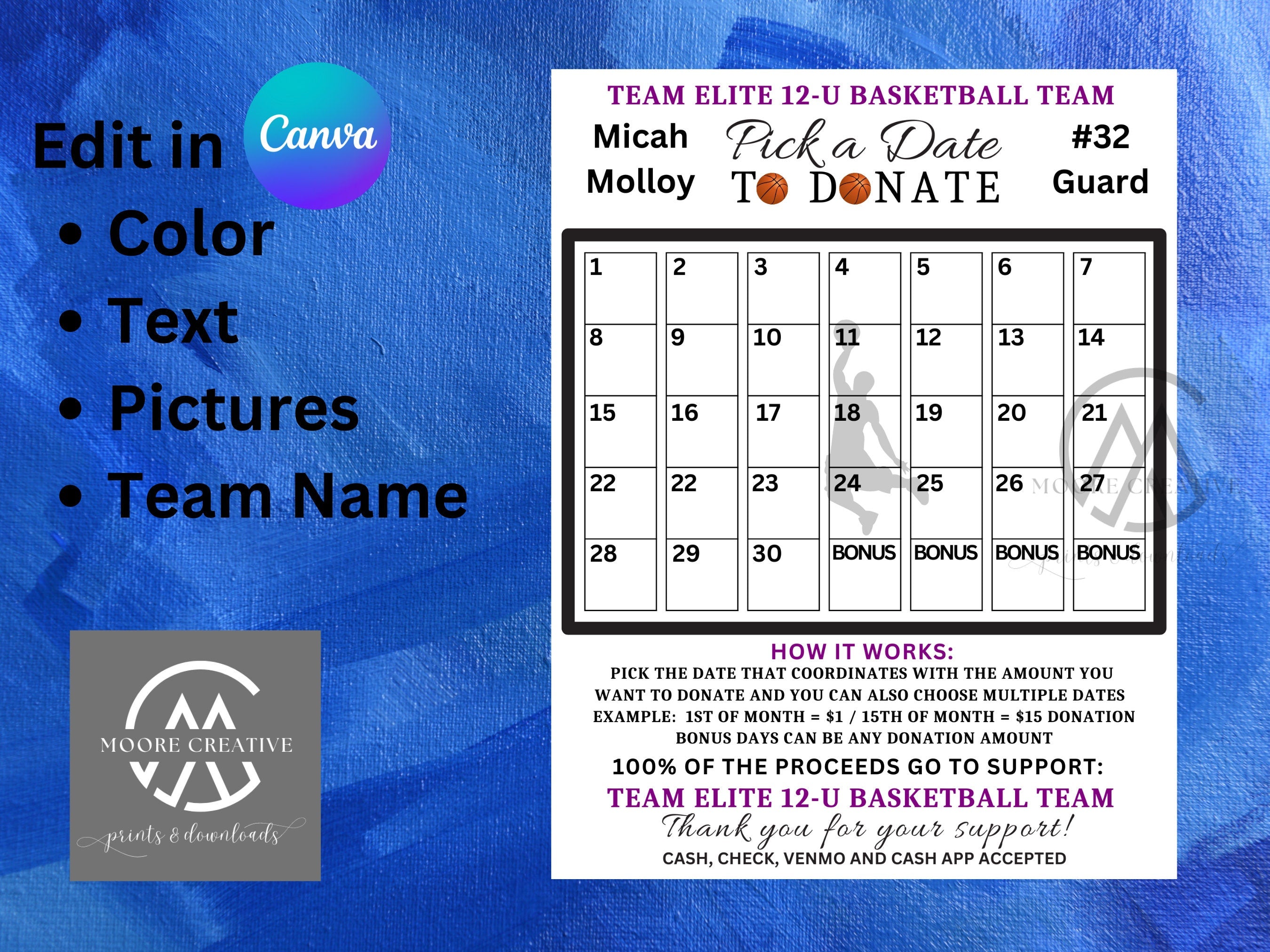 EDITABLE Basketball Pick a Date to Donate Printable, Basketball Fundraiser Team Sports Basketball Player Calendar Printable Canva Templates
