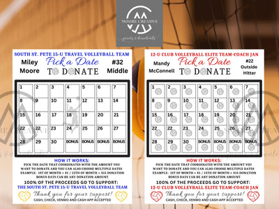 Volleyball Fundraiser Ideas| Pick a Date to Donate Printable, Volleyball Fundraiser Team Sports Volleyball Player Calendar, Template Sports