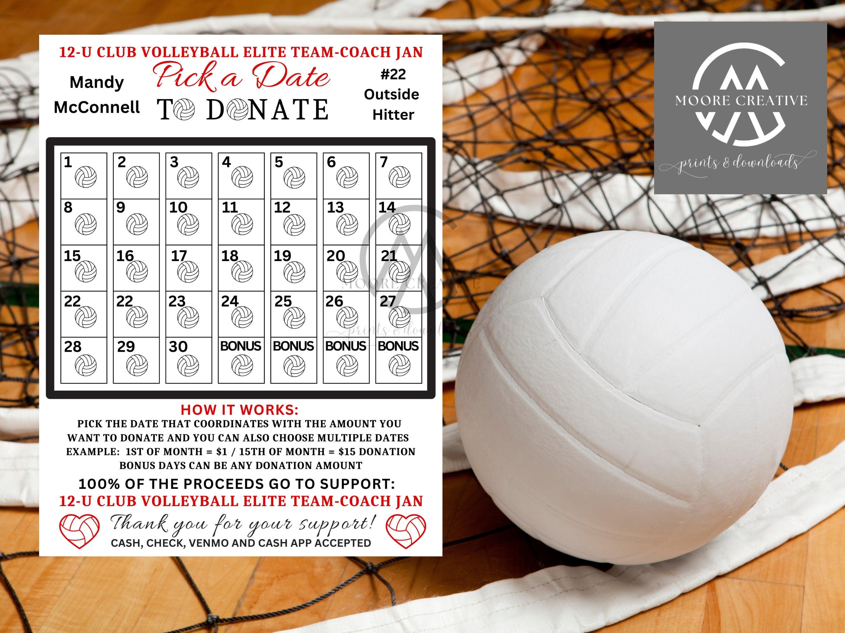 Volleyball Fundraiser Ideas| Pick a Date to Donate Printable, Volleyball Fundraiser Team Sports Volleyball Player Calendar, Template Sports