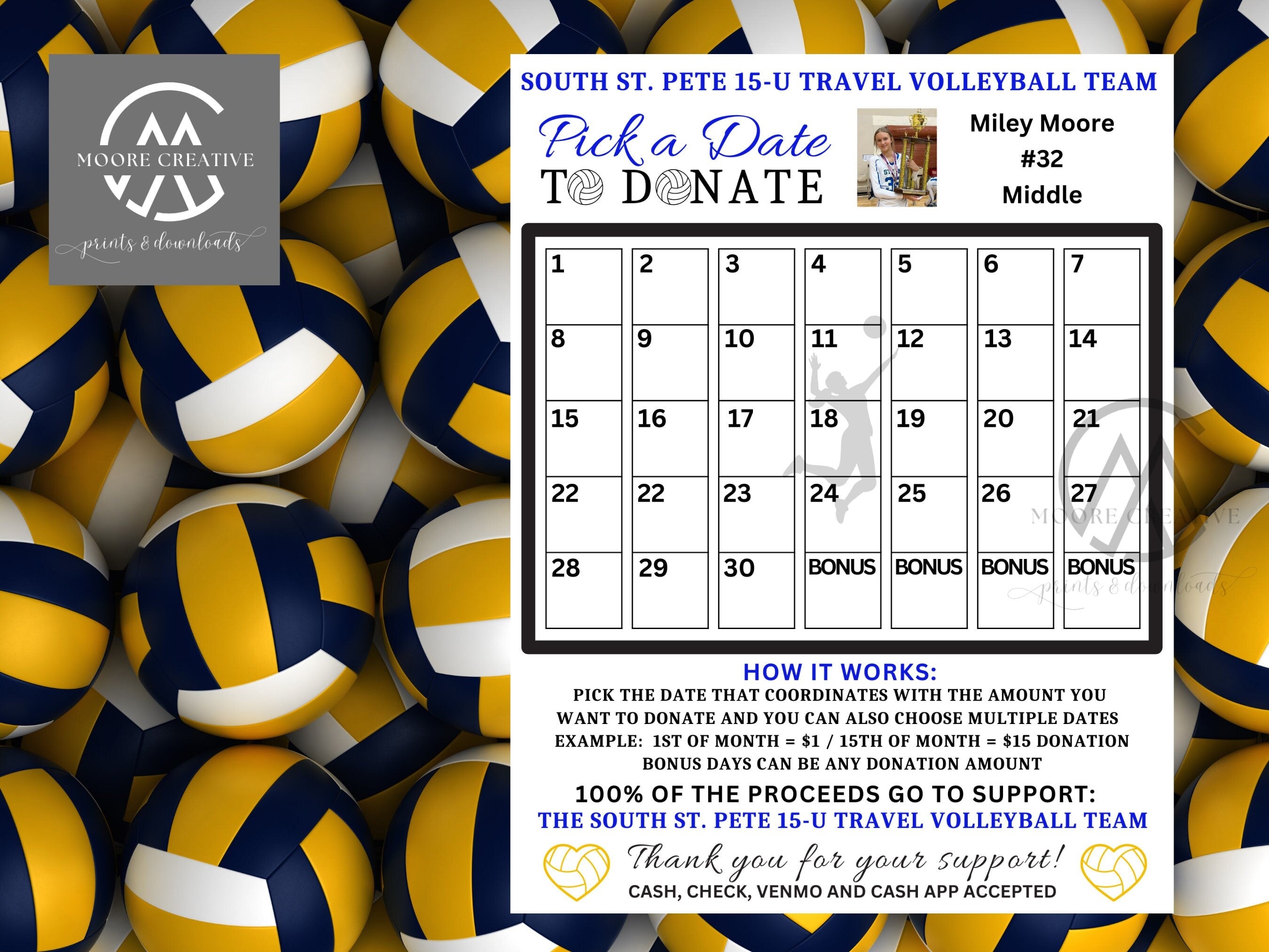 Volleyball Fundraiser Ideas| Pick a Date to Donate Printable, Volleyball Fundraiser Team Sports Volleyball Player Calendar, Template Sports