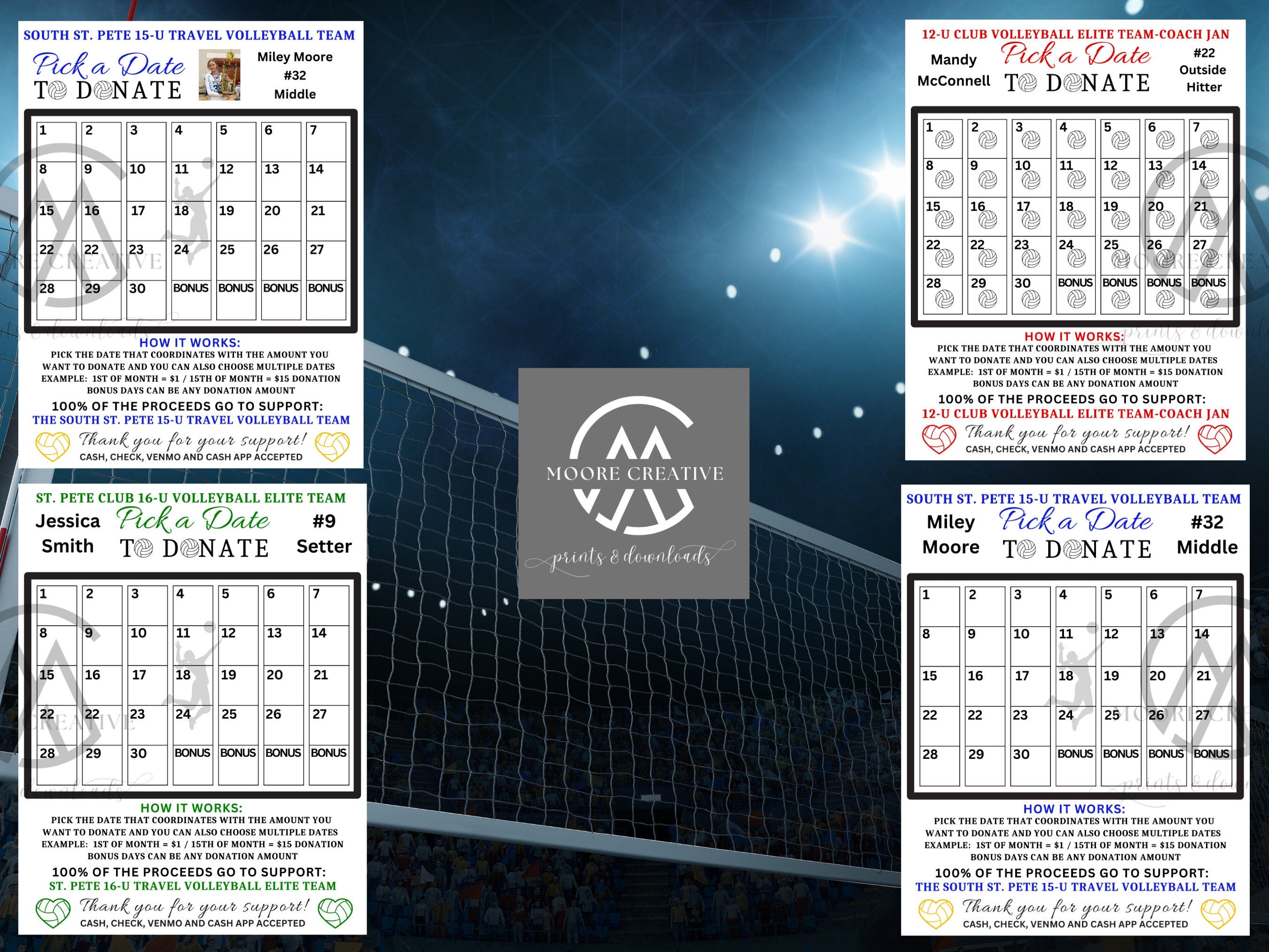 Volleyball Fundraiser Ideas| Pick a Date to Donate Printable, Volleyball Fundraiser Team Sports Volleyball Player Calendar, Template Sports