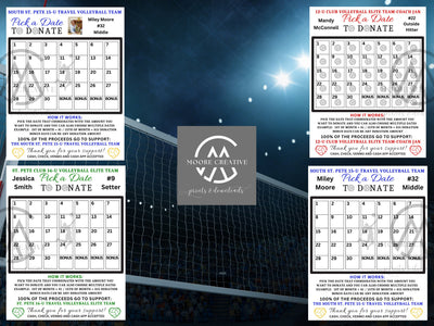 Printable Volleyball Pick a Date to Donate Printable, Volleyball Fundraiser Team Sports Volleyball Player Calendar, Template Sports calendar