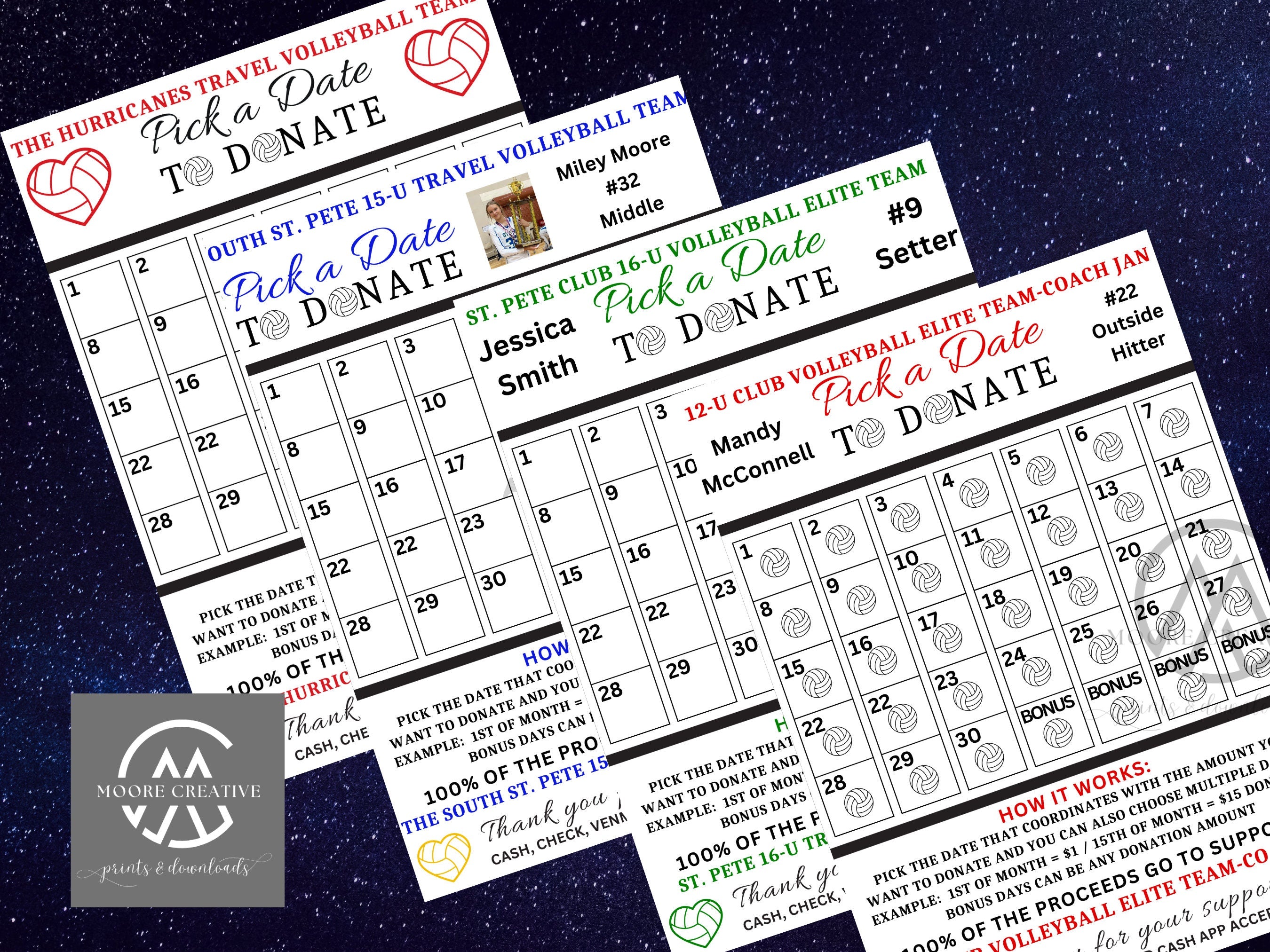 Volleyball Fundraiser Ideas| Pick a Date to Donate Printable, Volleyball Fundraiser Team Sports Volleyball Player Calendar, Template Sports