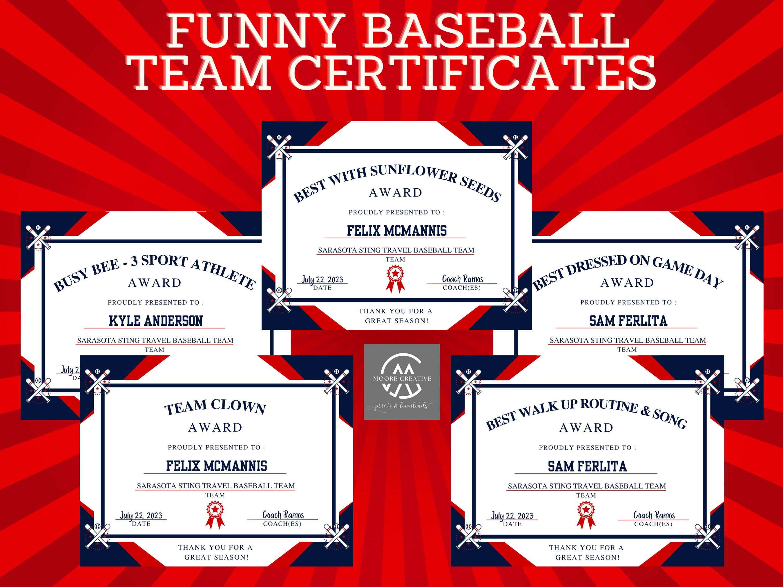 Baseball Award Certificates Editable Awards 50 Personalized Fill in the Blank Certificates Award Banquet PrintableT-Ball Award End of Season