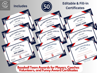 Baseball Award Certificates Editable Awards 50 Personalized Fill in the Blank Certificates Award Banquet PrintableT-Ball Award End of Season