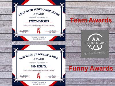 Baseball Team Awards, Editable Baseball Award Certificates, Award Ceremony Certificates, Printable Baseball awards, T-Ball Award, 50, FIFTY