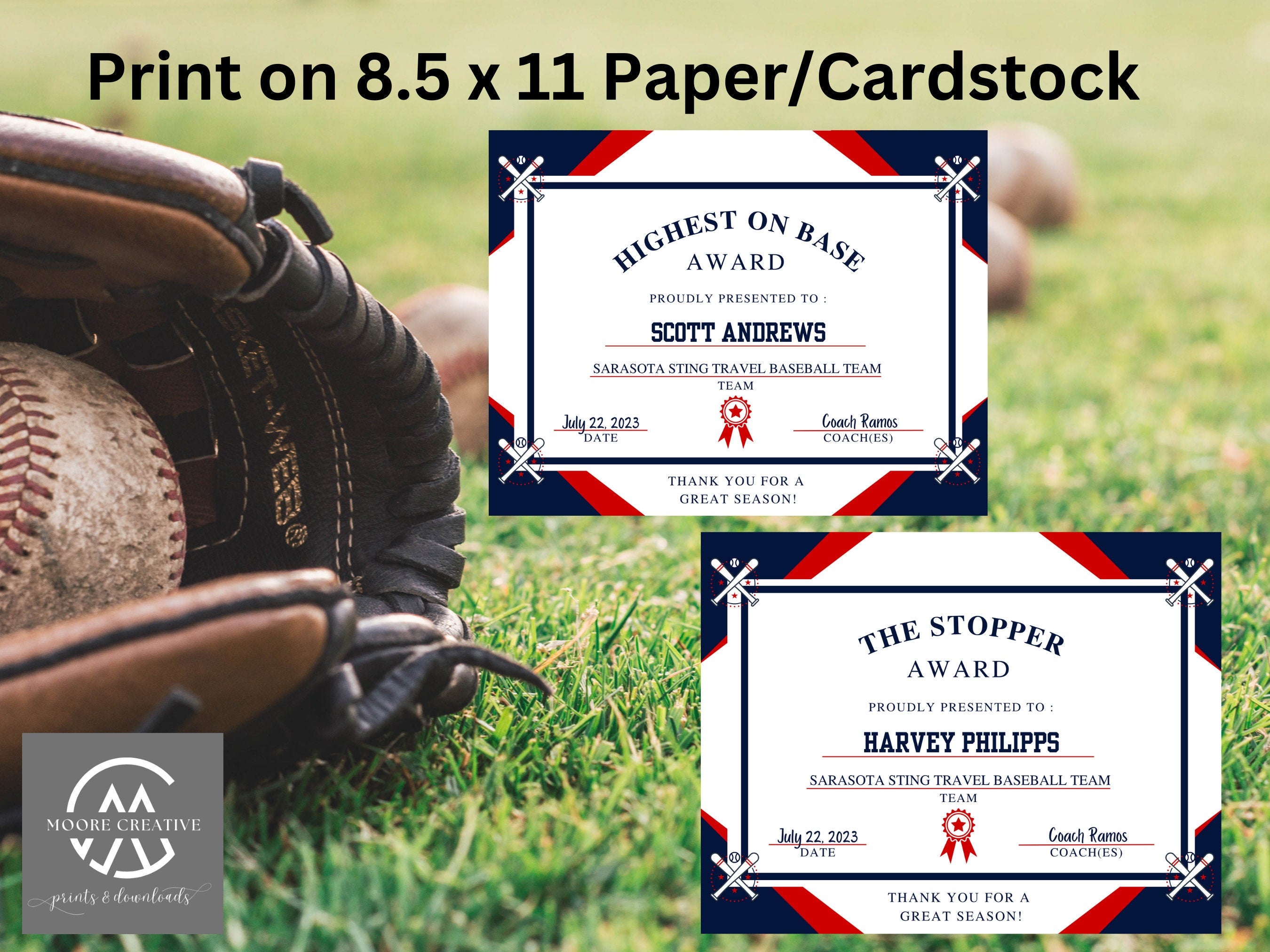 Personalized Baseball Award Certificates, Baseball Team Awards, Baseball End of the Season Awards, Baseball Team Party, T-Ball Awards, 15