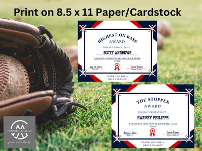 Personalized Baseball Award Certificates, Baseball Team Awards, Baseball End of the Season Awards, Baseball Team Party, T-Ball Awards, 15